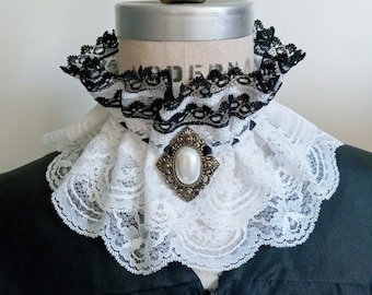 Black And White Sheer Lace Detachable Collar, Double Ruffle Victorian Collar, Cosplay Collar, Lolita Collar, Vintage Lace Collar,Punk Collar