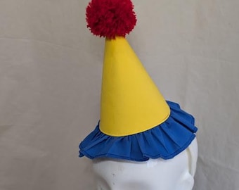 Yellow with blue ruffle Mini Clown Hat, Headband, Clown Headwear, Circus Clown Hat, Clown Core