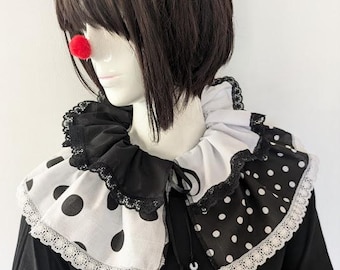 Fluffy Detachable Clown Collar, Black And White Polka Dot With Lace, Cosplay Collar, Pierrot Costume Accessory