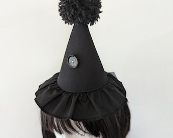 All Black Mini Clown Hat with pom pom, Clown Hat With Headband, Clown Headwear, Circus Clown Hat, Clown Core