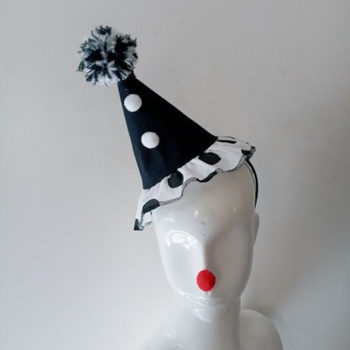 Mini Clown Hat with Polka Dot ruffle and pom poms, Clown Hat With Headband, Clown Headwear, Circus Clown Hat, Clown Core, Clown Hat