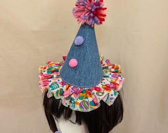 Upcycled Denim Mini Clown Hat with Multicolor ruffle and pom poms, Clown Hat With Headband, Clown Headwear, Circus Clown Hat, Clown Core.