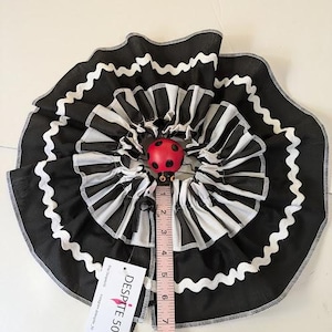 May include: A black and white striped ruffled skirt with a red ladybug accent. The skirt is approximately 5 inches in diameter. The skirt has a white zigzag trim and a tag that says "DESPITE 50".