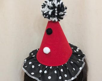 Red/Black polka dot Mini Clown Hat with pom poms, Headband, Circus Hat ,Clown Core.
