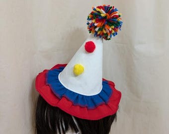 White Mini Clown Hat with double Ruffle ,Mini Clown Hat with pom poms, Clown Hat With Headband, Clown Headwear, Circus Clown Hat, Clown Core