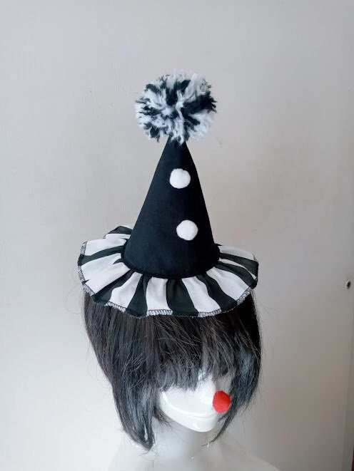 Black With Striped Black /white Ruffle Mini Clown Hat With Pom