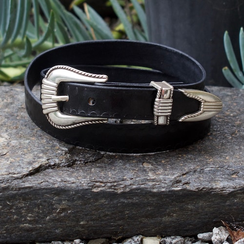 Black Leather Cowboy Belt // Western Belt // Silver Tipped 1 Etsy