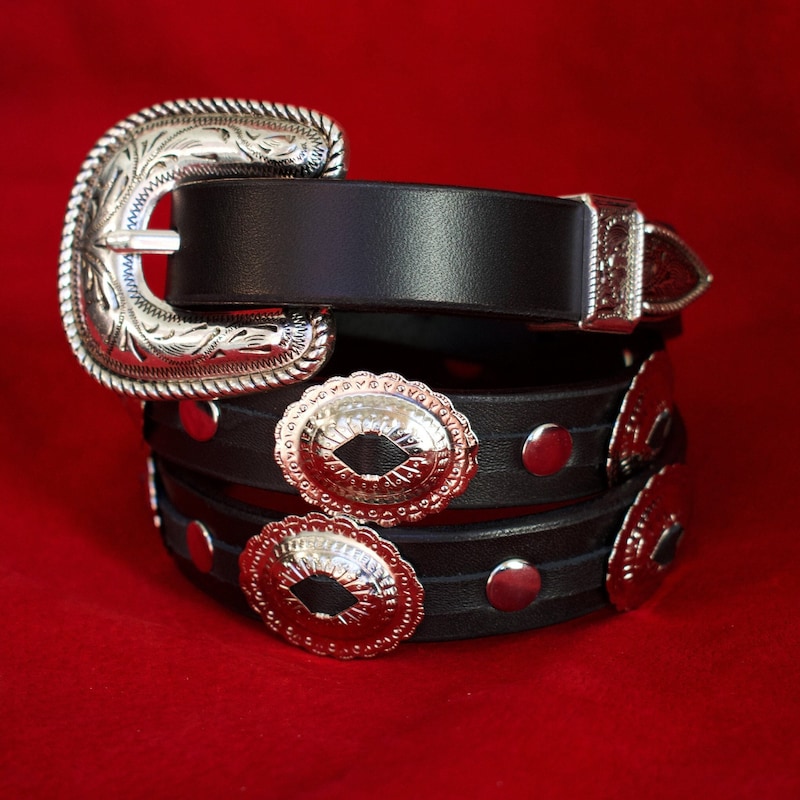 Black genuine leather concho belt main image 0