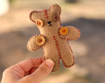Bear Felt Character, Felt Plushie, Artisan Hand Stitched, Unique Voodoo Style