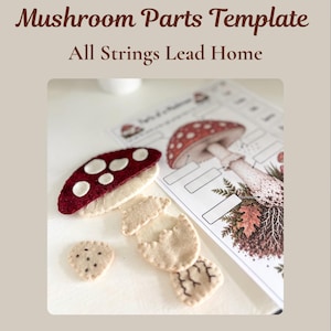 Pode incluir: Um modelo de partes de cogumelo da All Strings Lead Home com um diagrama educativo impresso de um cogumelo e vários recortes de feltro bege e vermelho escuro representando diferentes partes do cogumelo, incluindo o chapéu e o caule.