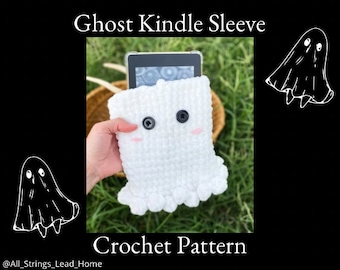 ゴーストのかぎ針編みパターン、Kindleスリーブ、ゴーストKindleケース、Kindle Paperwhite、電子書籍リーダー、Kindleガール、本好きのギフト、本の編み方、ハロウィン