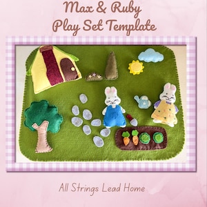 Puede incluir: Un conjunto de plantilla de juego Max & Ruby con una alfombrilla de fieltro verde y varias formas de fieltro, incluyendo una casa, árbol, sol, nube, dos figuras de conejo, regadera, piedras y un huerto con verduras. Texto: Max & Ruby Play Set Template.