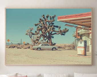 American Vintage Car Wall Decor – Retro Desert Gas Station Art Print – Southwestern Landscape Photography