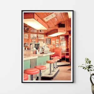 Diner photo print, Retro Art, Kitchen Art, American Diner, Photograph, Americana, Bar Stool, Classic Diner, Vintage home decor, red wall art