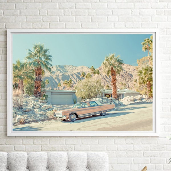Palm springs car, classic car print, american car, palm tree poster, palm spring print, california decor, retro wall art, pastel, photograph