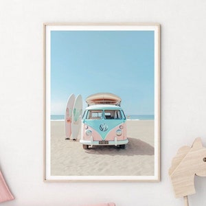 Beach Print, VW Bus Print, Pink Camper, Van Decor, Surf Poster, Retro Van Print, photography, California Wall Art, Surfing Poster, surfboard