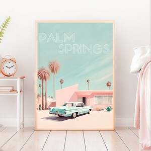 Cartel de Palm Springs, impresión de california, arte de pared rosa, moderno de mediados de siglo, impresión de viaje, impresión de automóviles antiguos, automóvil retro, arte de pared colorido,