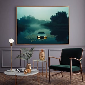 Impresión de coche retro, arte mural surrealista, arte de lago melancólico, arte mural misterioso, impresión cinematográfica, coche flotante, póster de arte oscuro, decoración de pared de ensueño, arte