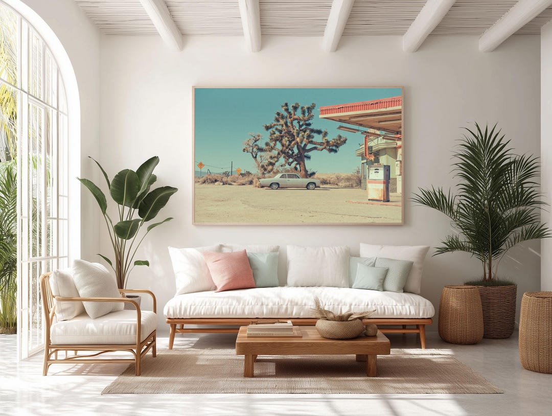American Vintage Car Wall Decor – Retro Desert Gas Station Art Print ...