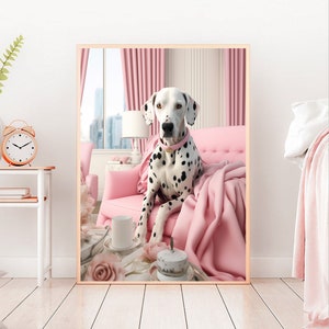 Retrato de perro, arte de pared rosa, estampado de perro lindo, decoración de lujo, decoración de pared rosa para guardería, dálmata, impresión artística dálmata, impresión de perro dálmata