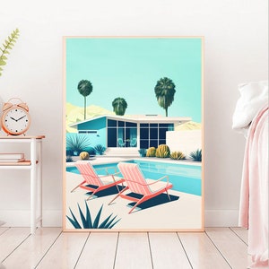 Palm Springs art, Mid-Century house, Illustration, Travel Poster, palm springs artwork, colorful, swimming pool, pink deck chair, wall art