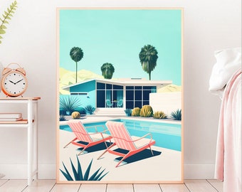 Palm Springs Art Print, Mid-Century Modern House, Swimming Pool Illustration