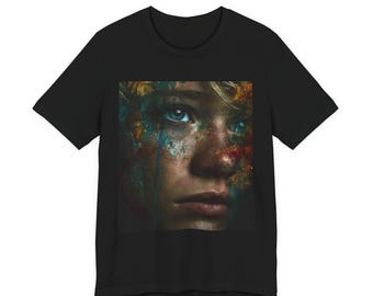 Paint-Splattered Girl Portrait Tee | Artistic Portrait T-Shirt, Moody Face Artwork