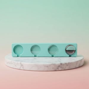 May include: A rectangular, light teal-colored object with four circular openings, one of which has a silver-colored lid. The object is on a white and gray marble-patterned platform, set against a gradient background of pink and green.