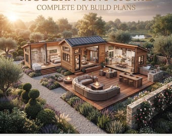 May include: A digital illustration of a modern tiny home with open-concept living spaces, a wooden deck, and outdoor seating. The text reads MODERN TINY HOME COMPLETE DIY BUILD PLANS and VOXELDROPS. The structure features wood siding and a dark roof.