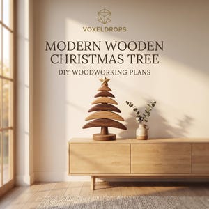 Peut inclure: Un sapin de Noël décoratif en bois avec des branches horizontales incurvées et empilées dans des tons de bois clair et foncé alternés, surmonté d'une étoile. Le texte indique VOXELDROPS MODERN WOODEN CHRISTMAS TREE DIY WOODWORKING PLANS.