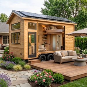 May include: A wooden tiny house on wheels with a dark metal roof featuring solar panels, a large glass wall, and a black-framed door. The interior shows a lofted bed and living area. A wooden deck sits in front with a wicker sofa and round table.