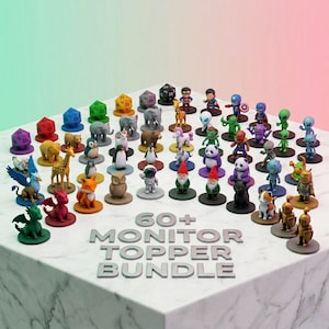 May include: A selection of colourful monitor toppers, featuring animals, superheroes, aliens, and gnomes. Each figure is on a small, round base. The text "60+ MONITOR TOPPER BUNDLE" is displayed in silver letters.