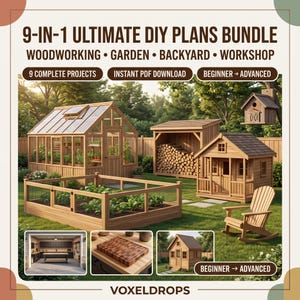 Op de afbeelding: Een 9-in-1 ultiem doe-het-zelf plannenpakket voor houtbewerking, tuin, achtertuin en werkplaats. De afbeelding toont een houten kas, een houtopslag, een kleine hut, een tuinbed, een vogelhuisje, een schommelstoel en een werkplaatsinterieur.