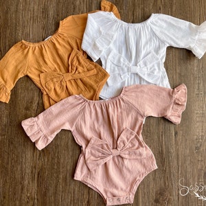 Baby Girl Bell Sleeve Romper, Baby Girl Clothes, Linen Bow Bodysuit, Baby Girl summer Clothes, Boho Romper, Baby Shower Gift Girl