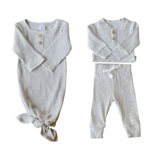 Newborn baby boy take home outfit. Light Grey ribbed clothing bundle with knotted gown, henley bodysuit and pants. Sassy Jo's Babies and Bows.