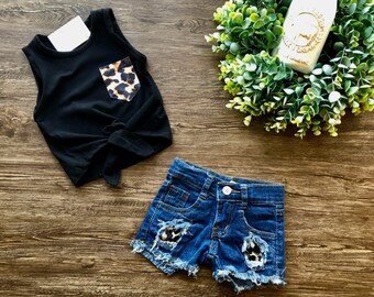 Toddler Kids Little Girls Shorts Outfits Ruffle Halter Crop Top Shirt /& Ribbed Jean Shorts Fashion Summer Clothes Sets
