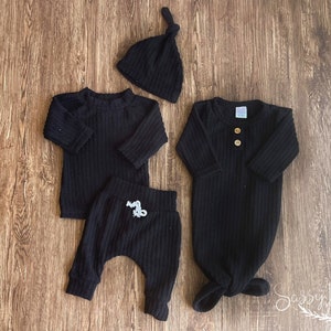 Newborn gender neutral take home outfit and gown waffle knit bundle, Winter baby coming home outfit, Black hospital outfit