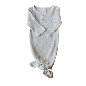 Newborn gender-neutral take home knotted gown. Light Grey ribbed baby clothing. Sassy Jo's Babies and Bows.