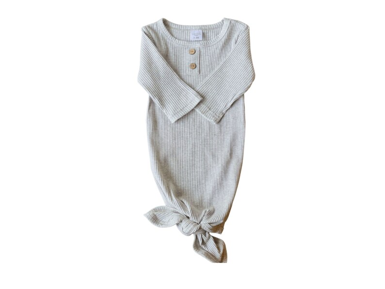 Newborn gender-neutral take home knotted gown. Light Grey ribbed baby clothing. Sassy Jo's Babies and Bows.