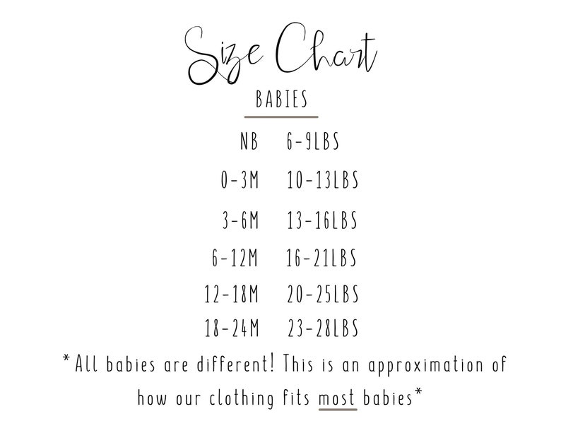 Size chart for baby clothing. Newborn size generally fits 6-9 lbs, 0-3 months fits 10-13 lbs, 3-6 months fits 13-16 lbs, 9-12 months fits 16-21 lbs, 12-18 months fits 20-25 lbs. Size chart is only an approximation.