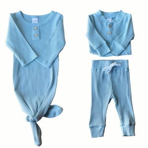 Newborn baby boy take home outfit. Blue ribbed clothing bundle with knotted gown, henley bodysuit and pants. Sassy Jo's Babies and Bows.