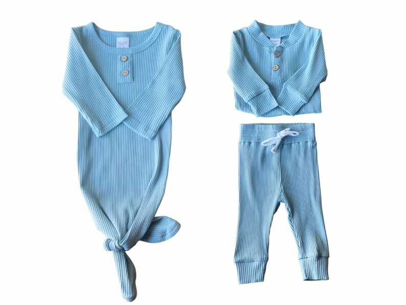 Newborn baby boy take home outfit. Blue ribbed clothing bundle with knotted gown, henley bodysuit and pants. Sassy Jo's Babies and Bows.