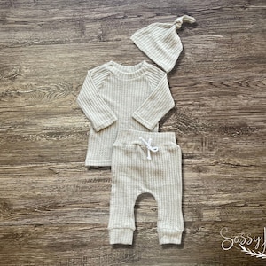 Newborn Gender Neutral going home waffle knit beige outfit with hat. Sassy Jo's Babies and bows.