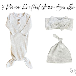 Newborn Gender Neutral Coming Home Outfit 3 Piece Bundle, Neutral Baby Clothes, Baby Knotted Gown, Newborn Baby Girl Hospital Outfit