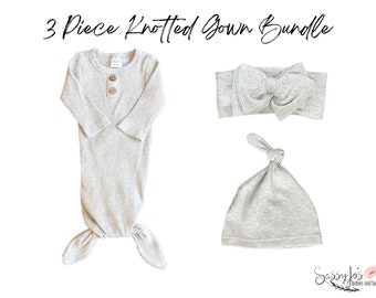 Newborn Ribbed Knotted Gown 3-Piece Set, Gender Neutral Outfit
