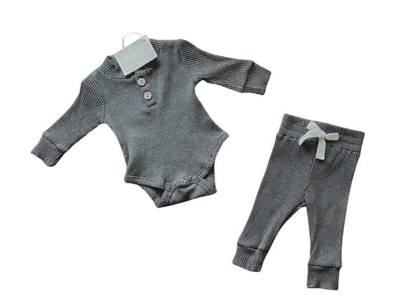 Newborn gender neutral take home outfit. dark grey ribbed clothing henley bodysuit and pants. Sassy Jo's Babies and Bows.