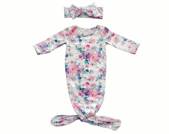 Floral Baby Gown, Headband Set, Newborn Girl Outfit (0-3 Months)