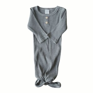 Newborn gender-neutral take home knotted gown. Dark Grey ribbed baby clothing. Sassy Jo's Babies and Bows.