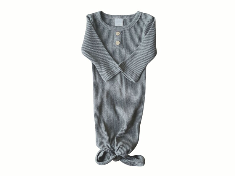 Newborn gender-neutral take home knotted gown. Dark Grey ribbed baby clothing. Sassy Jo's Babies and Bows.