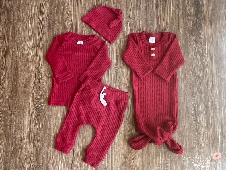 December baby coming home outfit + gown, Deep red color newborn waffle knit long sleeve shirt, pants, tie hat and knotted baby gown in 0-3 months.